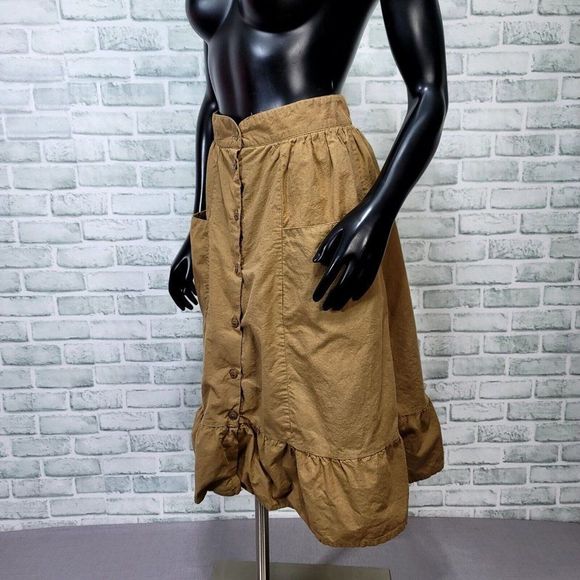 Vintage 60s 70s Two Potatoes CA Womens S Tan Cotton Button Front Festival Skirt - Picture 2 of 6